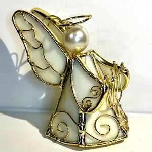 Stained Glass Angel Ornament or Small Tree Topper. White Glass With Golden Metal